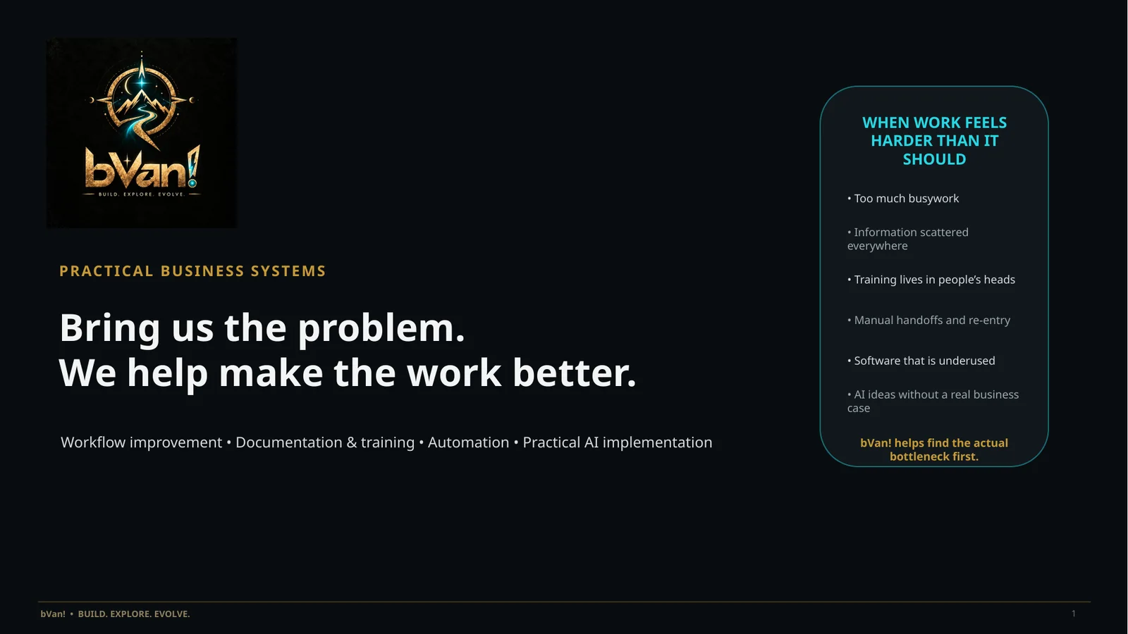 bVan! portfolio cover showing the brand identity and Bring us the problem positioning