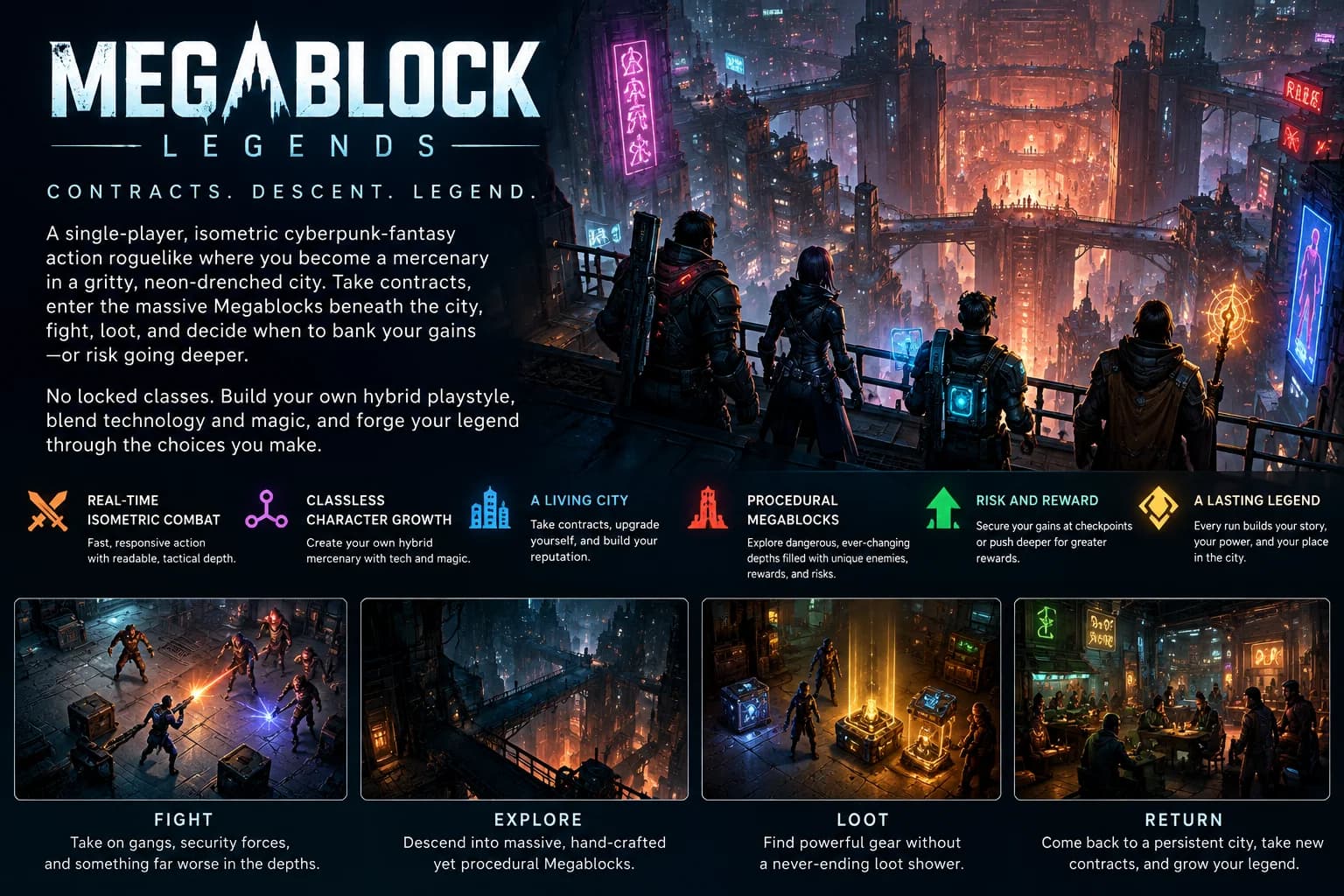 Fictional Megablock Legends game website concept with hero art, feature icons, and gameplay panels