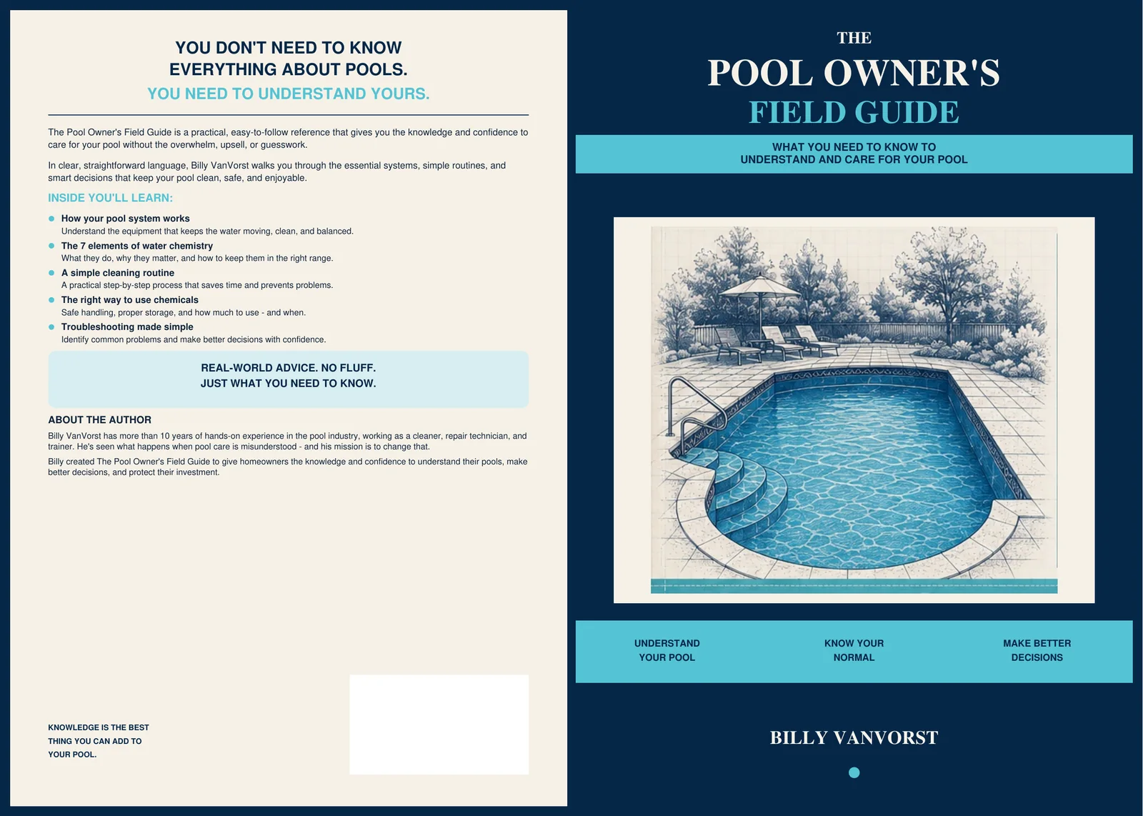 Published Pool Owner’s Field Guide wraparound book cover with the front cover, back cover, and pool illustration