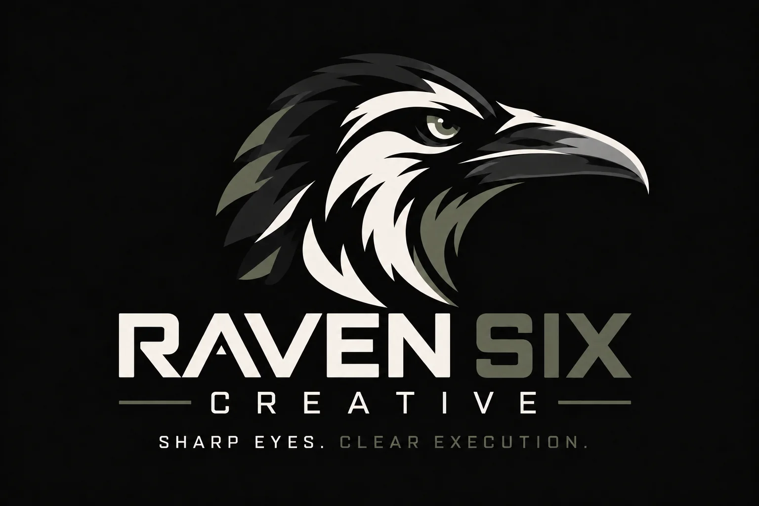 Raven Six Creative raven mark and wordmark in the approved black, cream, and muted green palette