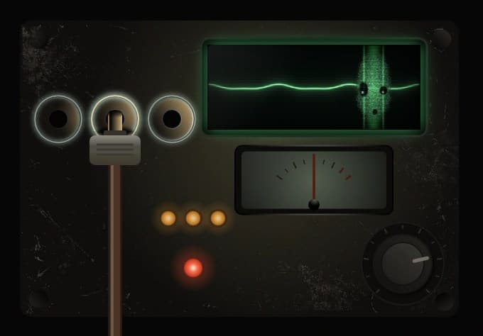 The Séance Switchboard panel with the plug seated, all three sockets glowing, and a ghostly face forming in the oscilloscope